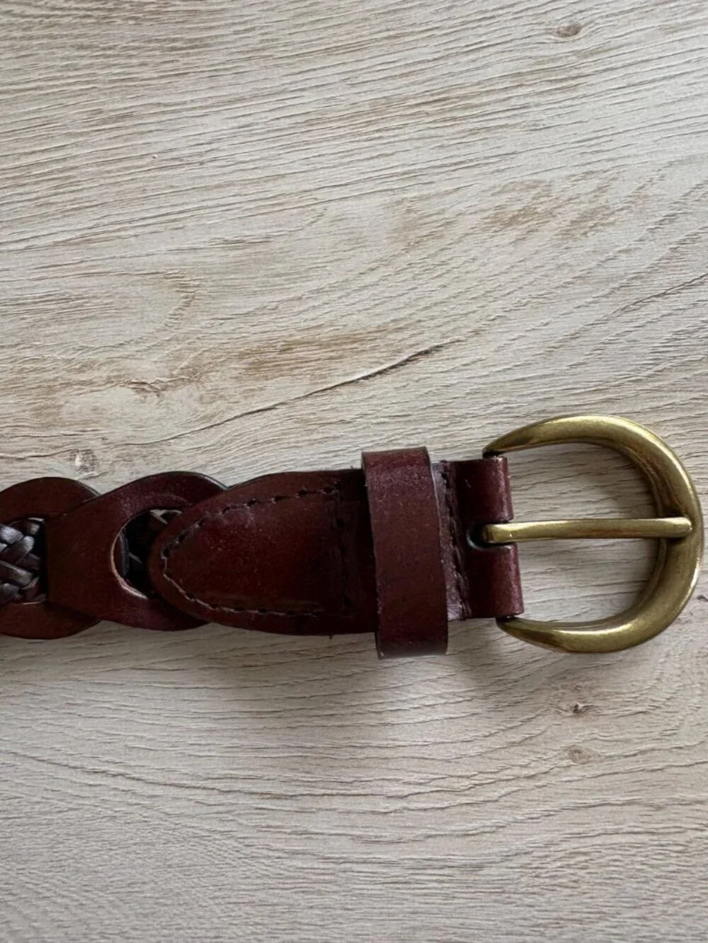 Vintage Style Brown Woven Belt Brass Tone Buckle | Braided Boho Waist Belt Small